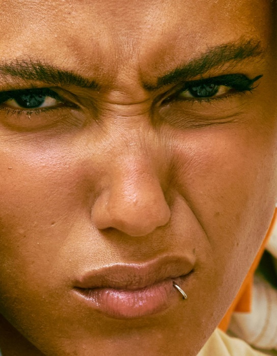 Close-up of an unimpressed customer's face